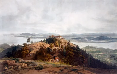 Esboço panorâmico da ilha do príncipe de Gales por William Daniell, c.1817 99: Penang; Pooloo Pinang; Malásia; Paisagem malaia; c19th; Companhia Britânica das Índias Orientais; posto militar; Oi